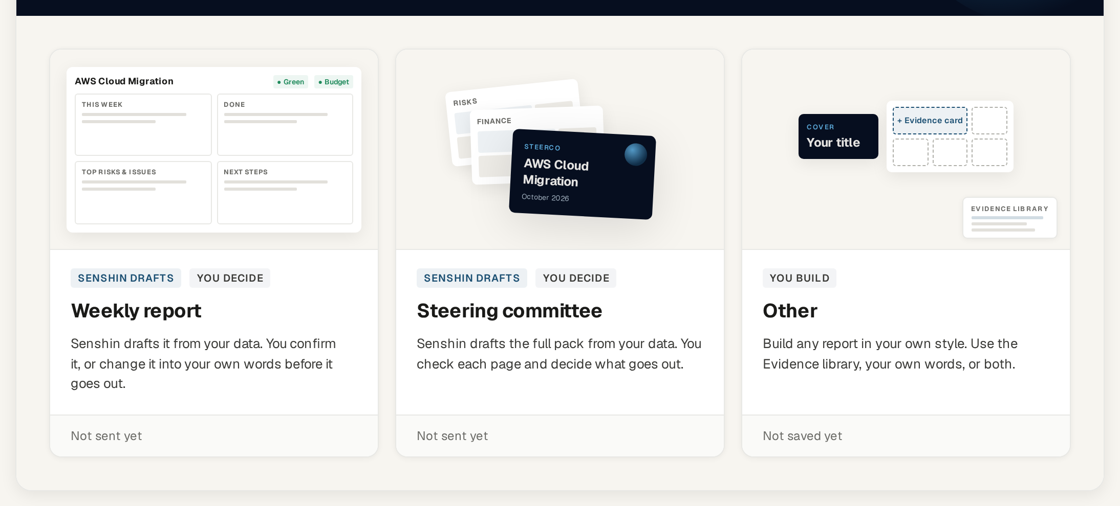 The Brief door on the AWS Cloud Migration sample project: Weekly report, Steering committee, or your own pack. Senshin prepares the pages. You confirm or rewrite in your own voice.
